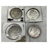 Four Morgan Silver Dollars, 1885-O, 1888, 1891-O, and 1903-O