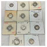 10 Mercury Dimes in Cardboard Holders, Various Dates