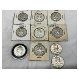 Franklin Half Dollar Silver Coins, Nine Pieces