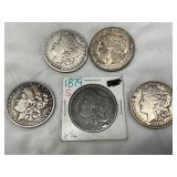 Five Morgan Silver Dollars, Including 1879-S, 1892, and 1921