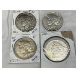 1922 and 1922-S U.S. Peace Dollars, 4 Coins, Various Grades