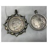 1925 Peace Dollar and 1921 Morgan Dollar Pendants in Sterling Silver Frames