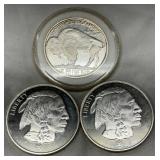 Three 1 oz .999 Fine Silver Rounds Featuring Buffalo and Native American Designs