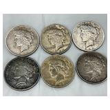 Six 1922 Peace Silver Dollars