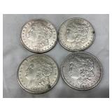 Four Morgan Silver Dollars, 1899, 1902, 1921