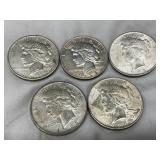 Five U.S. Peace Silver Dollars, Various Years (1922, 1923, 1924, 1935)