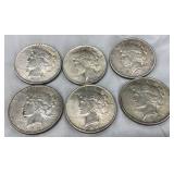 Six 1924 and 1923 Peace Silver Dollars
