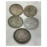 Five Morgan Silver Dollars, Various Years (1889, 1921, 1879)