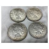 Four U.S. Peace Silver Dollars, 1923 and 1927