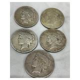 Five 1922 Peace Silver Dollars