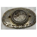 Silver-Tone Belt Buckle with 1922 Peace Silver Dollar Reproduction