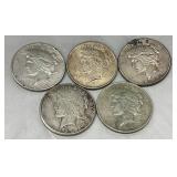 Five 1922 United States Peace Silver Dollars