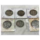 Six U.S. Walking Liberty Half Dollars, 1920-D, 1935, 1941-S, 1942, and Two 1943