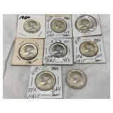 Seven 1964 Kennedy Silver Half Dollars, Six Encased