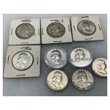 Eight Franklin Half Dollar Coins, Assorted Dates 1948-1962