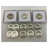 13 U.S. Washington Quarter Silver Coins, 1964