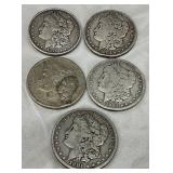 Five Morgan Silver Dollars, 1881-1890