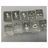 Ten 1-Gram .999 Fine Silver Bars with Assorted Designs