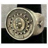 Sterling Silver Ring with Sunburst Motif and Raised Centerpiece