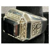 Silver Ring Featuring Black Rectangular Stone with Engraved Geometric Design