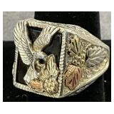 Men’s Sterling Silver Ring with Eagle and Multicolor Leaf Accents
