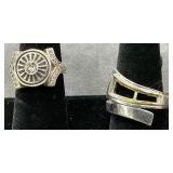 Two Silver Rings with Geometric and Radiant Designs
