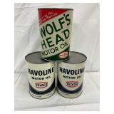 Three Never Opened Metal Quart Cans: Wolf’s Head and Havoline Motor Oils