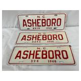 Three 1968 North Carolina Asheboro CITY License Plates