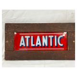 Early Atlantic Glass Pump Sign with Rustic Wooden Frame 16x8in. 