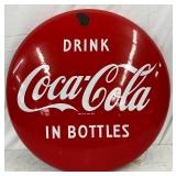 Porcelain Coca-Cola Button Sign, 24-Inch, ‘Drink Coca-Cola in Bottles’