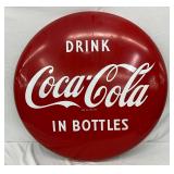 36-Inch Porcelain Coca-Cola Button Sign, ‘Drink Coca-Cola in Bottles’