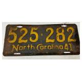 1941 North Carolina License Plate with Yellow Embossed Numbers