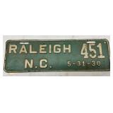 1930 Raleigh, N.C. Embossed License Plate
