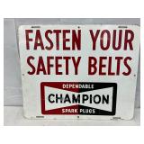 1970 Champion Spark Plugs Metal Sign: ‘Fasten Your Safety Belts,’ 17 1/2 x 14 1/2 Inches