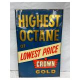 Crown Gold Highest Octane Metal Gasoline Advertising Sign, 23 x 35 Inches