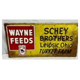 Wayne Feeds Metal Advertising Sign for Schey Brothers Turkey Farm 36x17 1/2in. 