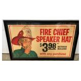 Texaco Fire Chief Speaker Hat Advertisement Cardboard w/ Frame, 42x24