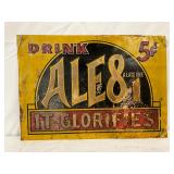 Ale 8 Emb. Tin Tacker Sign – 5¢ Drink, 14in x 10in