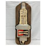 Champion Spark Plug-Themed Embossed Plastic Thermometer on Wooden Backboard, 9x24.5 