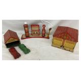 Three Marx Tin Toys: Gas Station, Cars, and Garages