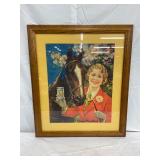 Framed Peach Snuff Advertisement with Girl and Horse, 23×27