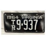 1964 Virginia Embossed License Plate with TR 9-937 Marking