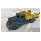 11-Inch Early Metal Toy Truck with Wooden Wheels and Yellow Cargo Bed