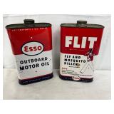 Two Esso 1-Quart Cans: Outboard Motor Oil and Flit Fly and Mosquito Killer