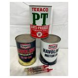 Havoline and Texaco 3-Quart Oil and Antifreeze Cans With Lubricant Applicators