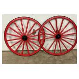 Early Red Wooden Wagon Wheels with Metal Hubs, 38 Inches in Diameter