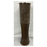 1914 Brass Trench Art Shell Vase with Engraved Oak Leaf Decor