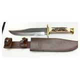 Trapper Hunting Knife with Fixed Blade, Brass Guard, Stag Handle, and Leather Sheath