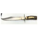Carved Boar Fixed Blade Hunting Knife with Stag Handle 