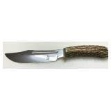 Fixed Blade Knife with Antler Handle and Engraved Blade